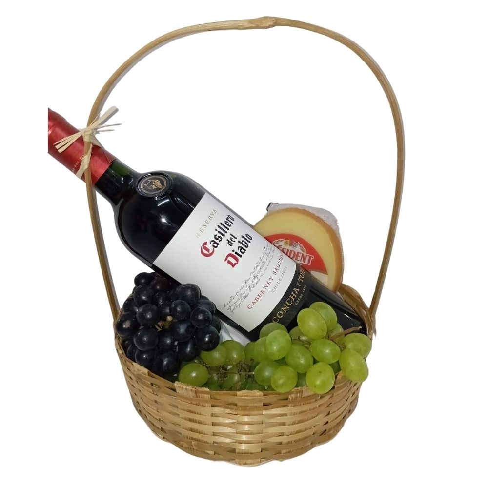 Cesta Pequena de Queijo, Vinho e Fruta | Flor Flores Floricultura